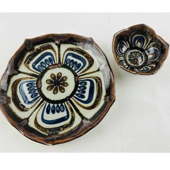 Set 2 Tonala Pottery 10" Lotus Plate Platter & Bowl El Palomar Mexico Signed Flo - Picture 1 of 15